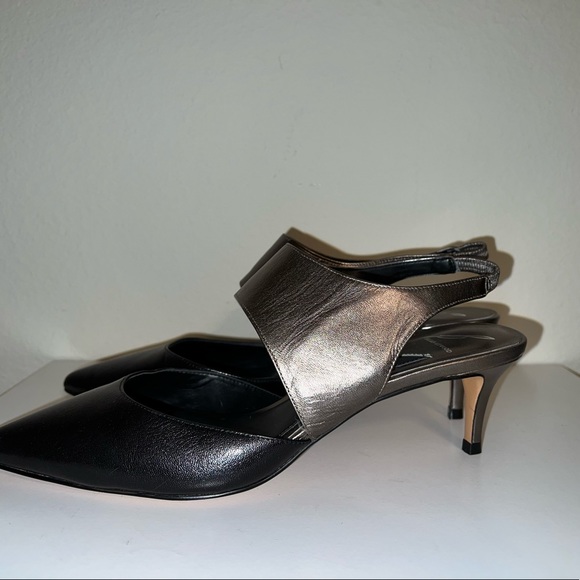 Brian Atwood black/gray metallic leather kitten heel Slingback shoes Sz 10 - Picture 2 of 8